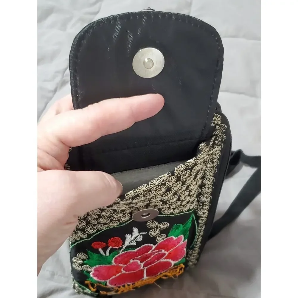 Embroidered Floral Crossbody Phone Bag Black Zip Wallet Purse Adjustable Strap - Picture 6 of 8